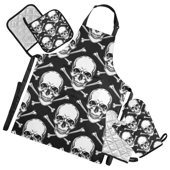 Skull Head and Crossbones 5 Pcs Kitchen Set Heat Resistant Oven Mitts and Non-Slip Pot Holders with Adjustable Cooking Apron