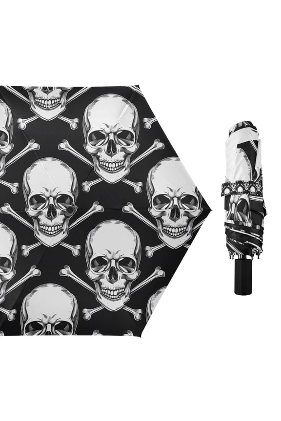 Skull Head and Crossbones Compact Sun Umbrella Windproof Travel Umbrellas for Rain Strong Portable UV Protection