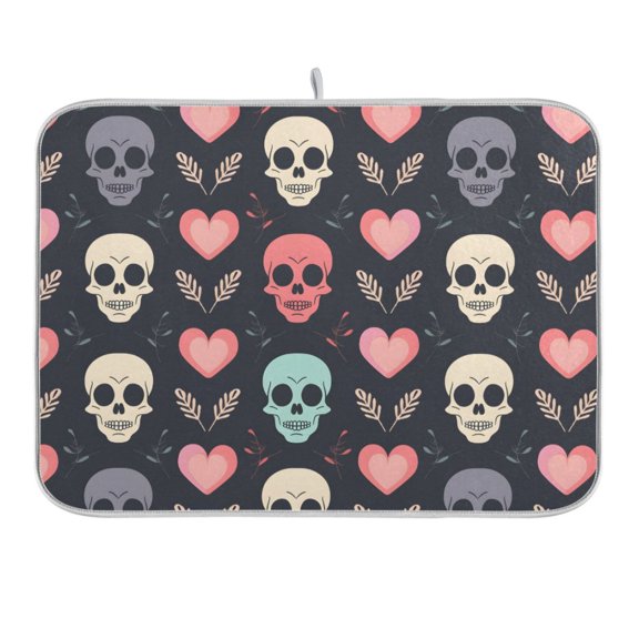 Skull Head and Leaf Dish Drying Mat 16x18 Absorbent Microfiber Draining Rack Pad for Kitchen Counter Sink