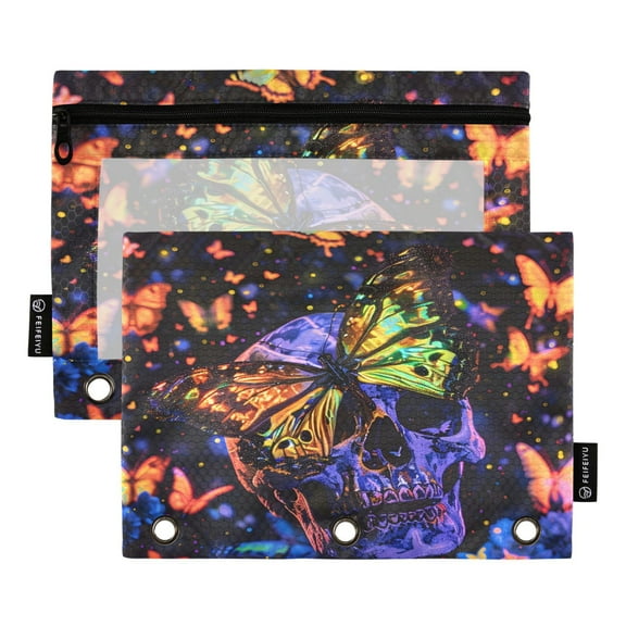 Skull Head with Colorful Butterfly 2 Pack Pencil Pouch for 3 Ring Binder Smooth Zipper Folders with Pockets Clear Window Pencil Case