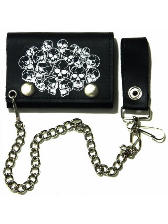 Skull Heads Desgin Biker Chain Leather Wallet Tri Fold