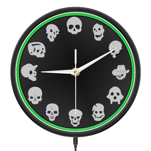 Skull Heads LED Neon Lighting Clock for Man Cave Halloween Dark Aesthetic Accent Illuminated Gothic Home Decor Night Light Clock