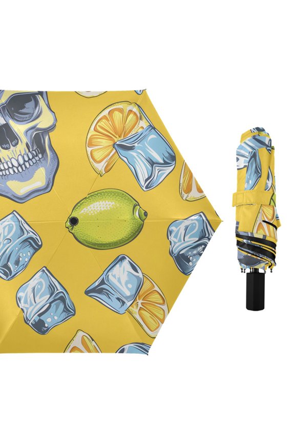Skull Heads Lemons Ice Cubes All Weather Umbrella Triple Folding Parasol 6 Ribs UV Protection Portable