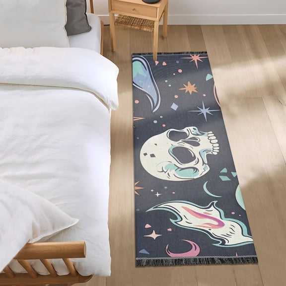 Skull Heads Moon Stars Bedside Runner Rug 2'x 6' Non Slip Carpet Floor Mat Area Rug