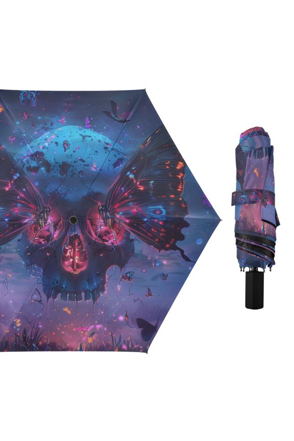 Skull Heads with Butterfly Sky Compact Sun Umbrella Windproof Travel Umbrellas for Rain Strong Portable UV Protection