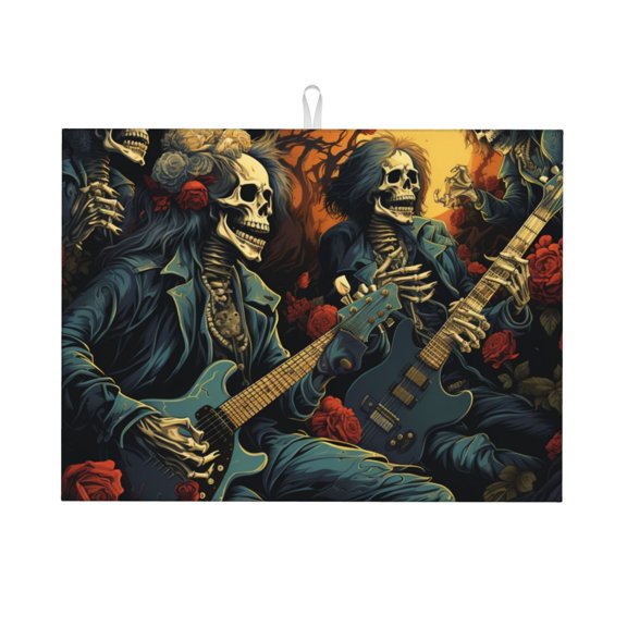 Skull Heavy Metal Rock Skeleton Cool Large Kitchen Drying Mat 18x24 Inch Ultra Absorbent Dish Drying Mats Foldable Countertop Protector