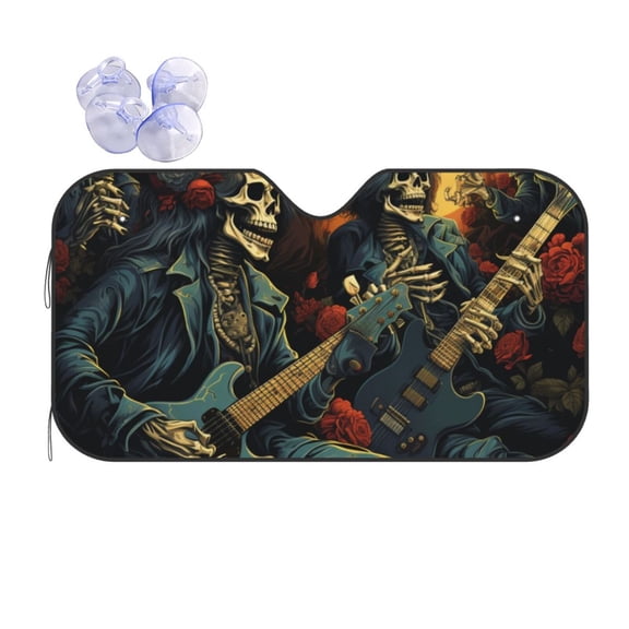 Skull Heavy Metal Rock Skeleton Cool Reflective Car Windshield Sunshade, UV Ray Reflector Sun Visor Universal Fit for SUVs, Trucks, Sedans,S