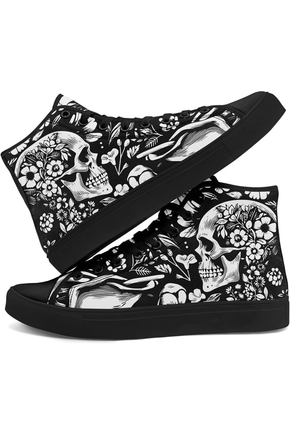 Skull High Top Canvas Sneakers for Men Women, Gothic Floral Print Streetwear Casual Fashion Skate Shoes