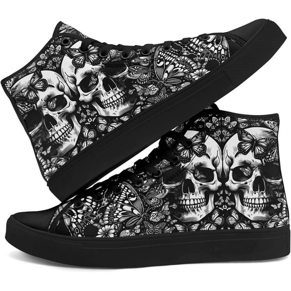 Skull High Top Canvas Sneakers for Men Women, Gothic Floral Print Streetwear Casual Fashion Skate Shoes