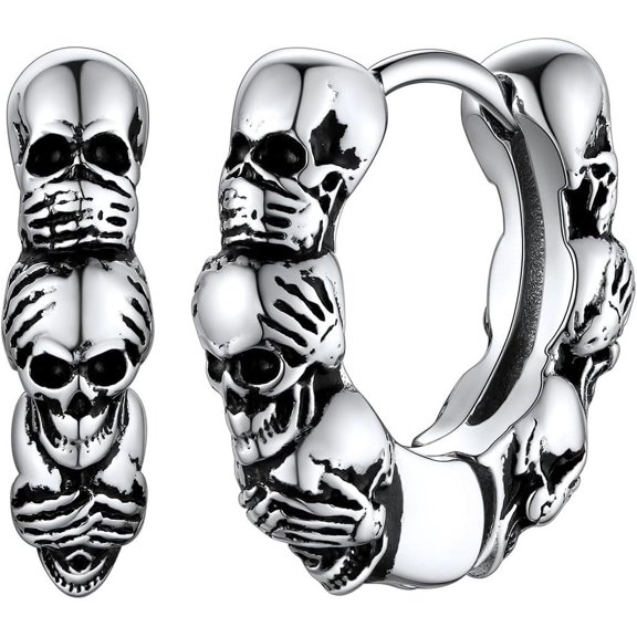 Skull Hoop Earrings For Men Silver/Black/Gold Stainless Steel Huggie Hoop Earrings Lightweight Hypoallergenic Earrings For Sensitive Ears[Z1]