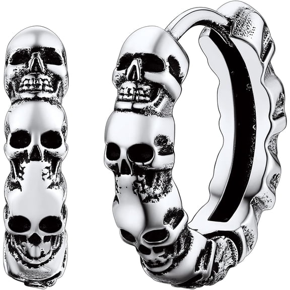 Skull Hoop Earrings For Men Silver/Black/Gold Stainless Steel Huggie Hoop Earrings Lightweight Hypoallergenic Earrings For Sensitive Ears[Z1]
