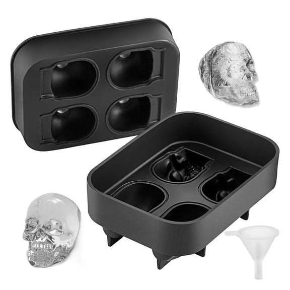 Skull Ice Cube Tray - 4-Grid Silicone Ice Mold, with Lid & Funnel - 3D Skull Ice Balls for Whiskey, Cocktails, Parties - 1.6" x 1.8" Each