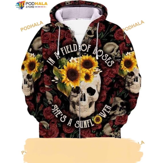 Skull In A Field Of Roses Shes A Sunflower 3D T Shirt Halloween Hoodie