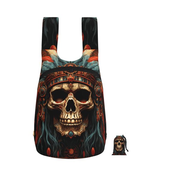 Skull Indian Chief Black Foldable Storage Backpack Lightweight Packable Travel Daypack for Shopping Commuting Hiking