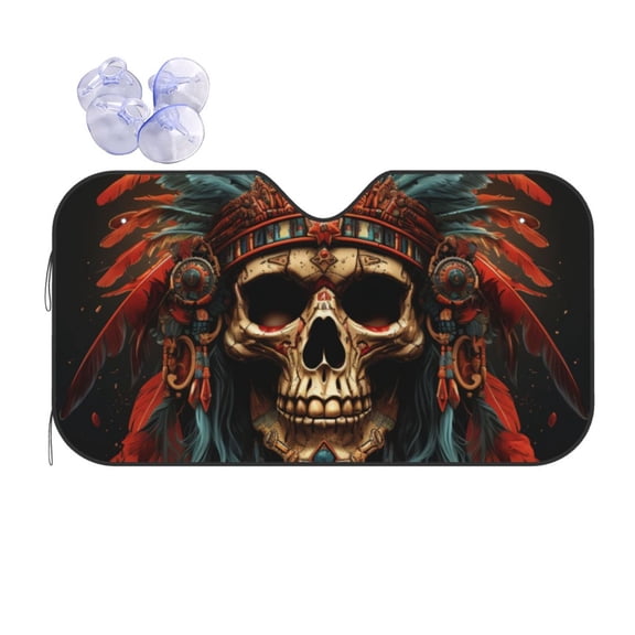 Skull Indian Chief Black Reflective Car Windshield Sunshade, UV Ray Reflector Sun Visor Universal Fit for SUVs, Trucks, Sedans,S