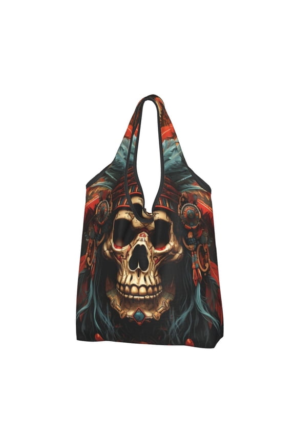 Skull Indian Chief Black Reusable Grocery Bags Shopping Totes Foldable Washable Pouch Handbag Storage Bag