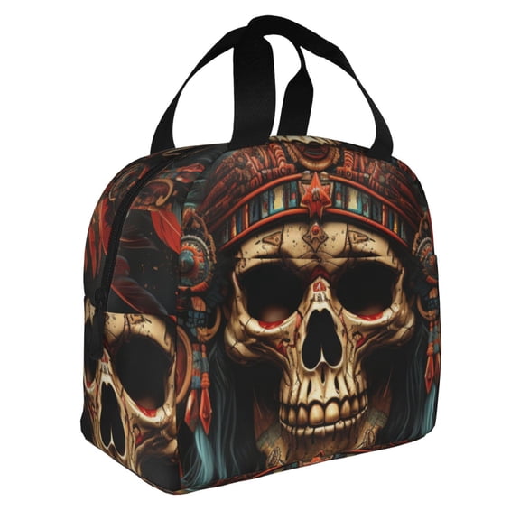 Skull Indian Chief Black Reusable Lunch Bag Insulated Meal Tote Box Thermal Cooler Handbag Food Container For Work Travel Picnic