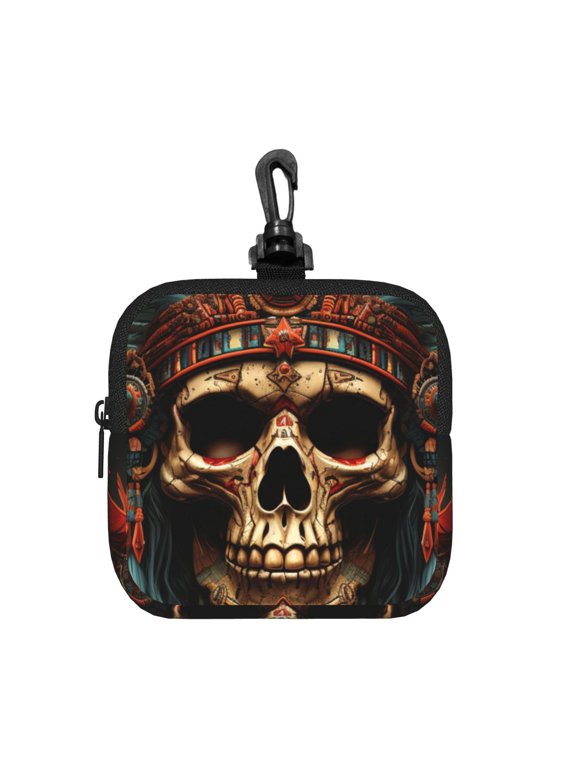 Skull Indian Chief Black Square Gear Pouch with Lobster Clasp Waterproof Tech Accessory Organizer, Key & Coin Case
