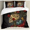 thumbnail image 1 of Skull King Size Duvet Cover Set, Evil Mexican Sugar Skeleton with Kitsch Bush of Roses Snake and Butterfly Artwork, Decorative 3 Piece Bedding Set with 2 Pillow Shams, Ruby Dark Grey, by Ambesonne, 1 of 3