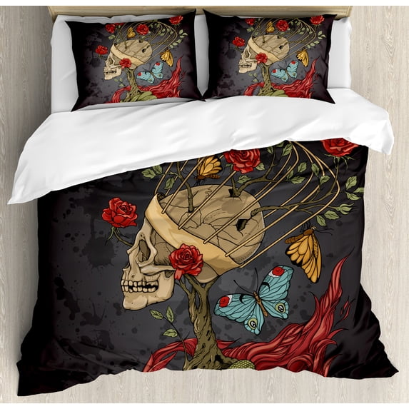 Skull King Size Duvet Cover Set, Evil Mexican Sugar Skeleton with Kitsch Bush of Roses Snake and Butterfly Artwork, Decorative 3 Piece Bedding Set with 2 Pillow Shams, Ruby Dark Grey, by Ambesonne