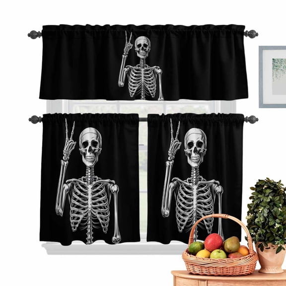 Skull Kitchen Curtains Valances 3 Piece Set, Vintage Abstract Rock and Roll Skeleton Hand Peace Gesture Rod Pocket Tier Curtain and Valance Drapes for Small Window 24 Inch Length for Bedroom Cafe