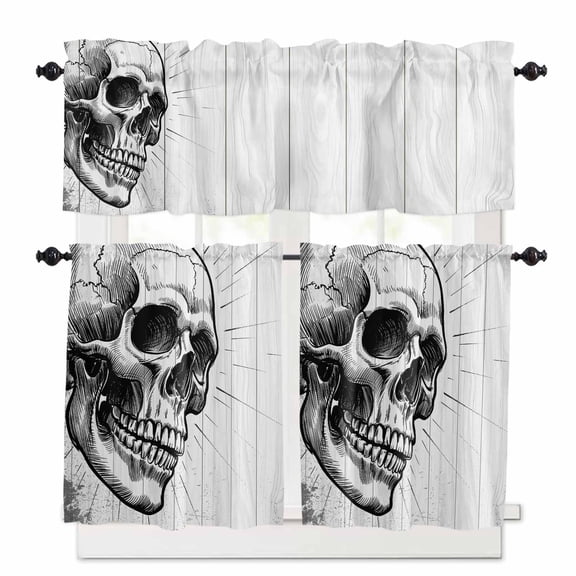 Skull Kitchen Curtains Valances and Tiers Set of 3, Halloween 24 Inch Length Tier Curtains and Valance Rod Pocket Valance Curtains Set for Kitchen Bathroom Small Windows