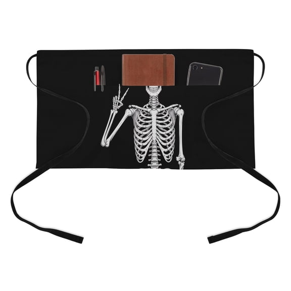 Skull Kitchen Restaurant Half Waist Apron, Abstract Funny Black Skeleton Boho Hippie Gesture Black Background Server Short Apron with 3 Pockets Waterproof Oil Waist Aprons for Women Waitress Waiter