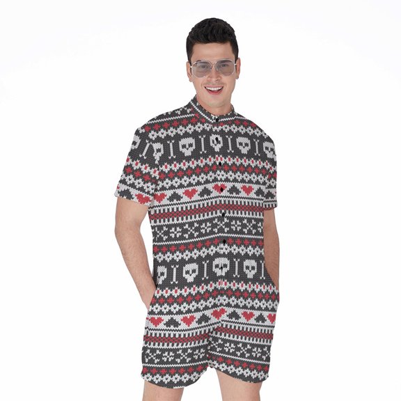 Skull Knitted Pattern Short Sleeve Men'S Rompers, Skull Lover Gifts Casual Summer Jumpsuits Outfit