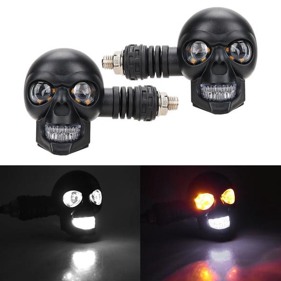 Skull LED Turn Signal Lights Motorcycle Biker Indicator Lamp Set 2PCS High Brightness Amber Signal Light Waterproof ABS Flexible Base Safety Running Lights for Motorbike Styling Accessories