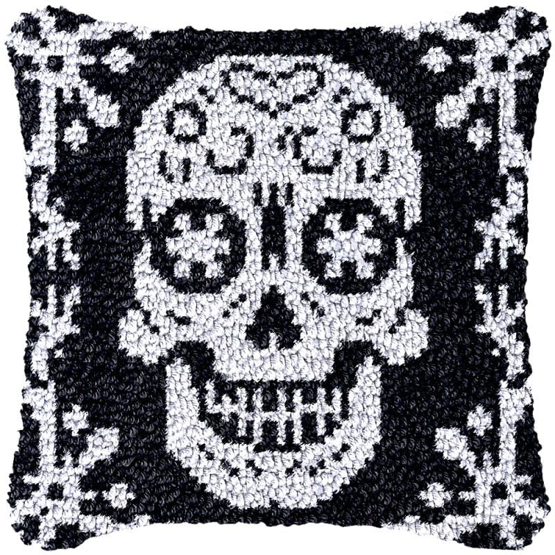 Skull Latch Hook Pillow Cover Kits for DIY Handmade Throw Pillow Cross Stitch Latch Hook Pillowcase Rug Kits with Preprinted Color Pattern Canvas Crochet Yarn Kits 17''X 17''(fv133)
