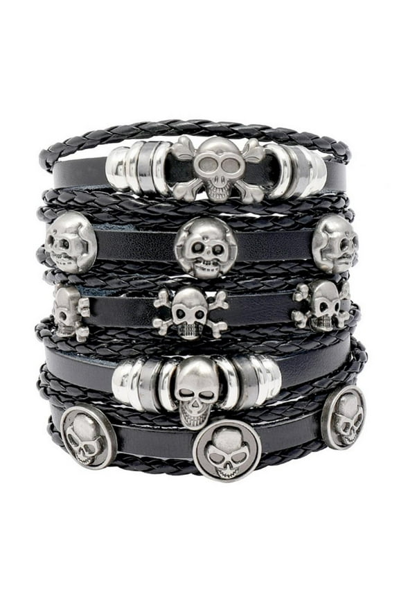 Skull Leather Bracelet, 5Pcs Charm Ethnic Tribal Braided Leather Bracelet, Adjustable Cuff Wrap Bracelet Wristbands for Men Women