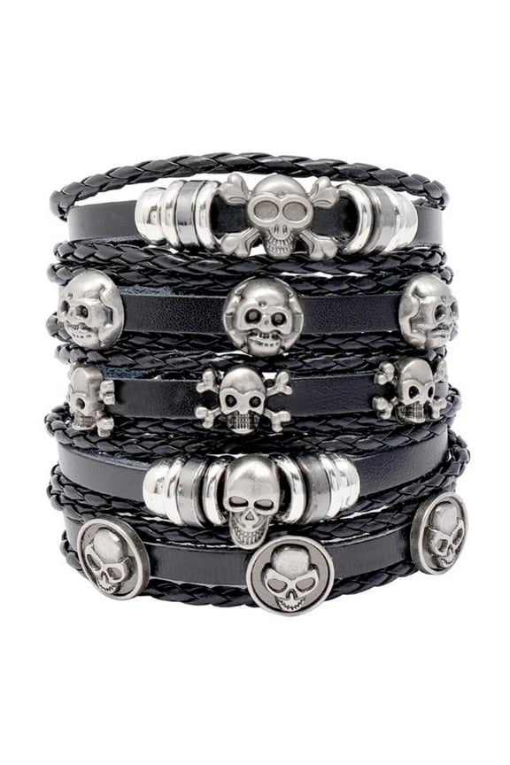Skull Leather Bracelet, 6PCS Charm Ethnic Tribal Braided Leather Bracelet, Adjustable Cuff Wrap Bracelet Wristbands for Men Women
