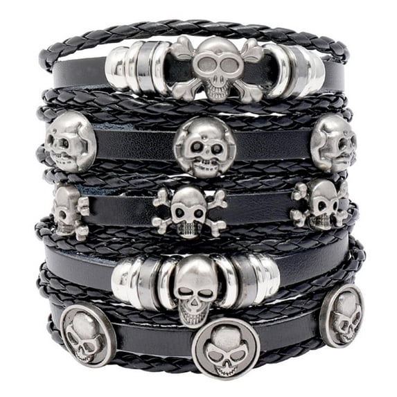Skull Leather Bracelet, 6PCS Charm Ethnic Tribal Braided Leather Bracelet, Adjustable Cuff Wrap Bracelet Wristbands for Men Women