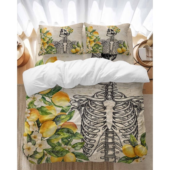 Skull Lemon Bedding Duvet Cover Set King Size 4 Pieces Halloween Vintage Lemon Flower Country Bedding Set with Zipper Closure, 1 Comforter Cover 92x106 Inches 1 Flat Sheet & 2 Pillow Cases