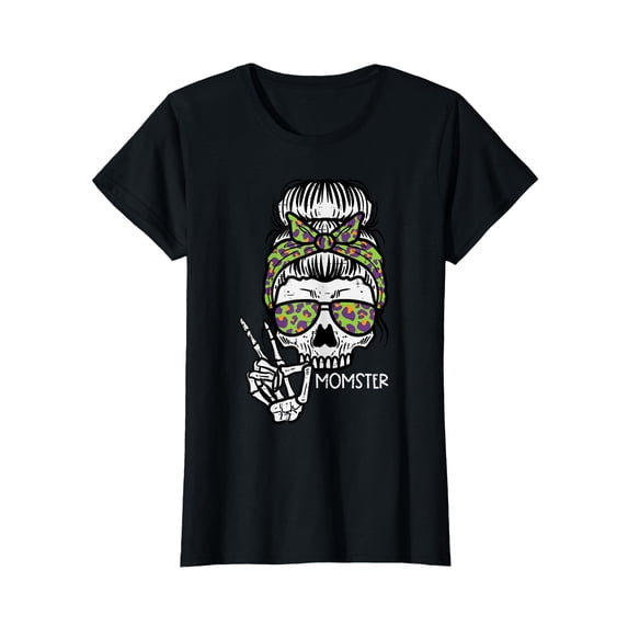 Skull Leopard Bun Momster Funny Halloween Mom Mama Women T-Shirt