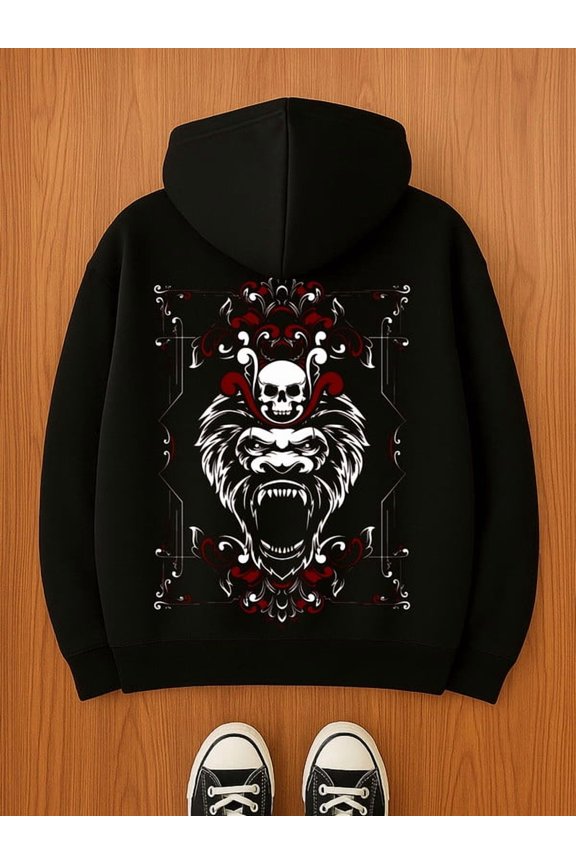 Skull Lion Hoodie sweatshirt Veteran men's graphic hoodies black Casual Outdoor Jogging & Fitness Training Pullover, Regular Fit, Hooded Design, Comfortable Pullover fist graphic Retro Unisex hoodie
