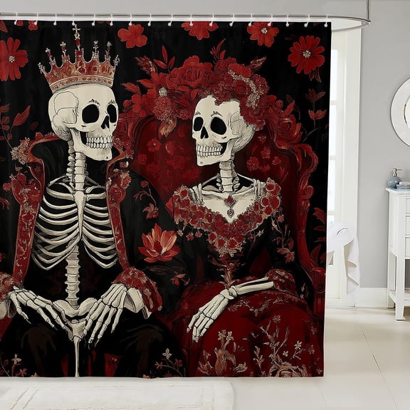 Skull Lover Shower Curtain Set, Gothic Crown Floral Design, Romantic Valentine's Day Gift for Couples