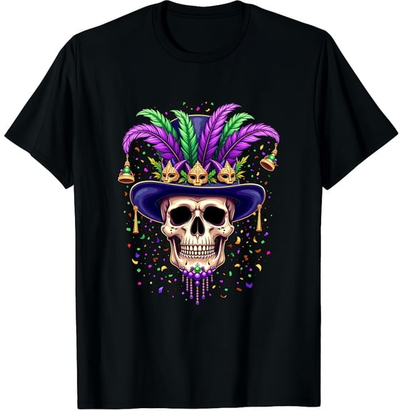 Skull Mardi Gras Carnival New Orleans Parade Graphic Black T-Shirt for Men and Women
