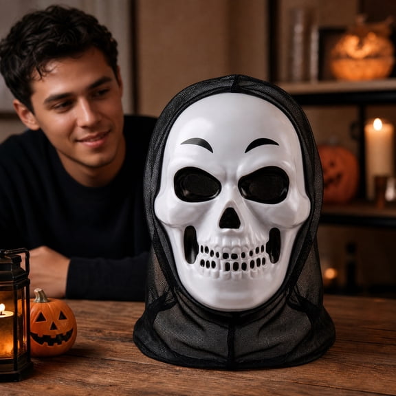 Skull Mask With Black Mesh Hood, Plastic Face Mask, Adjustable Strap, Halloween Party Accessory, Spooky Decoration For Adults, 10.2x8.7 Inch