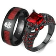 thumbnail image 1 of Skull Matching Rings Black Plated Couple Rings 1CT Red CZ Wedding Ring Punk Ring, 1 of 7