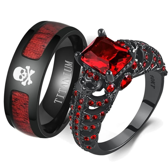 Skull Matching Rings Black Plated Couple Rings 1CT Red CZ Wedding Ring Punk Ring