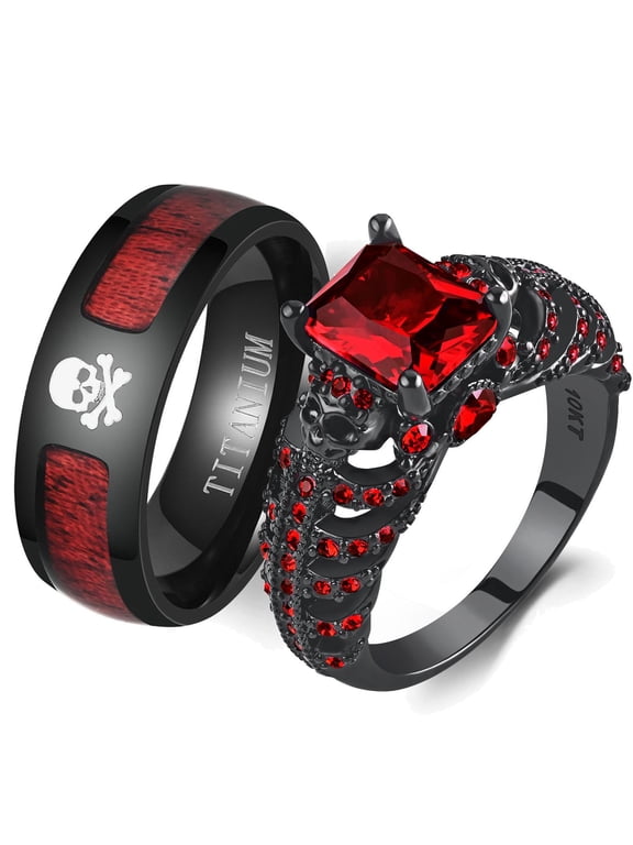 Skull Matching Rings Black Plated Couple Rings 1CT Red CZ Wedding Ring Punk Ring