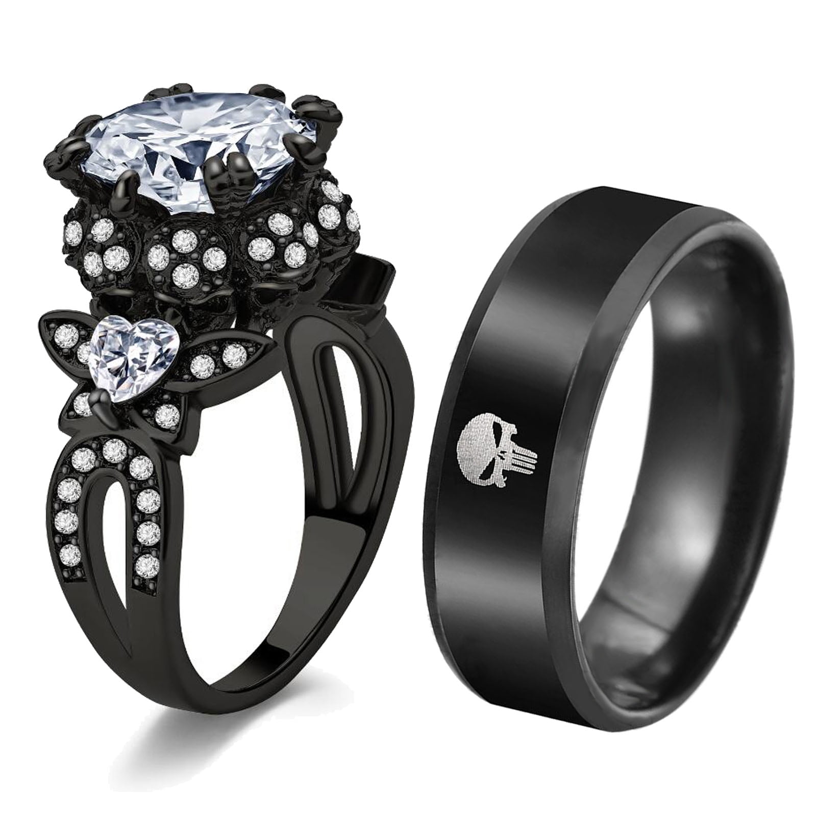 Amazon.com: Black Couple Rings Set Womens Stainless Steel Small Round CZ  Engagement Ring set Mens Wedding Band - Size W5M7 : Clothing, Shoes &  Jewelry