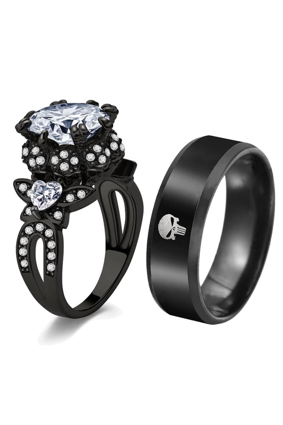 Skull Matching Rings His and Her Rings Couple Rings 1.5ct CZ Wedding Ring Men Wedding Band