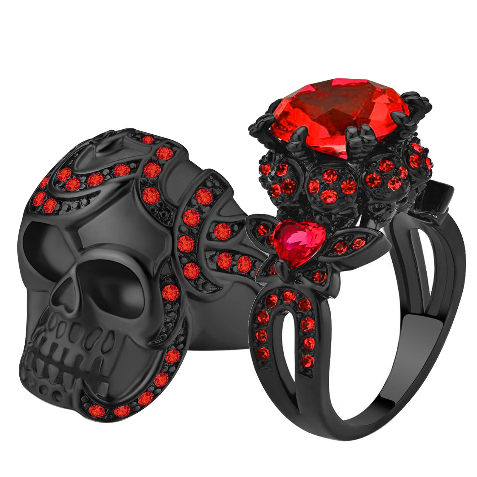 Matching Couple Rings – Black & Red Heart CZ Wedding Band Set (Women's 9 & Men's 12)