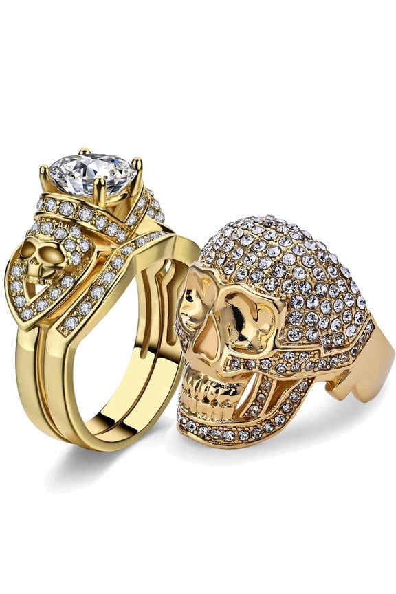 Skull Matching Rings Yellow Gold Plated Couple Rings 1CT CZ Wedding Ring Sets for Him and Her