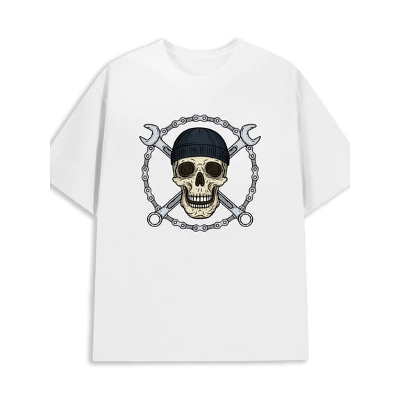 Skull Mechanic Tee mens 180G 100% Cotton white Unique Design Unisex Shirt Crewneck tshirts Trendy Unisex Shirt Crewneck tshirts Original Unisex Shirt Short Sleeve tshirts