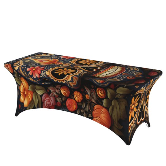 Skull Mexican Day Dead Stretch Rectangular Table Cover 6FT Elastic Fitted Tablecloth for Parties, Weddings, Banquets