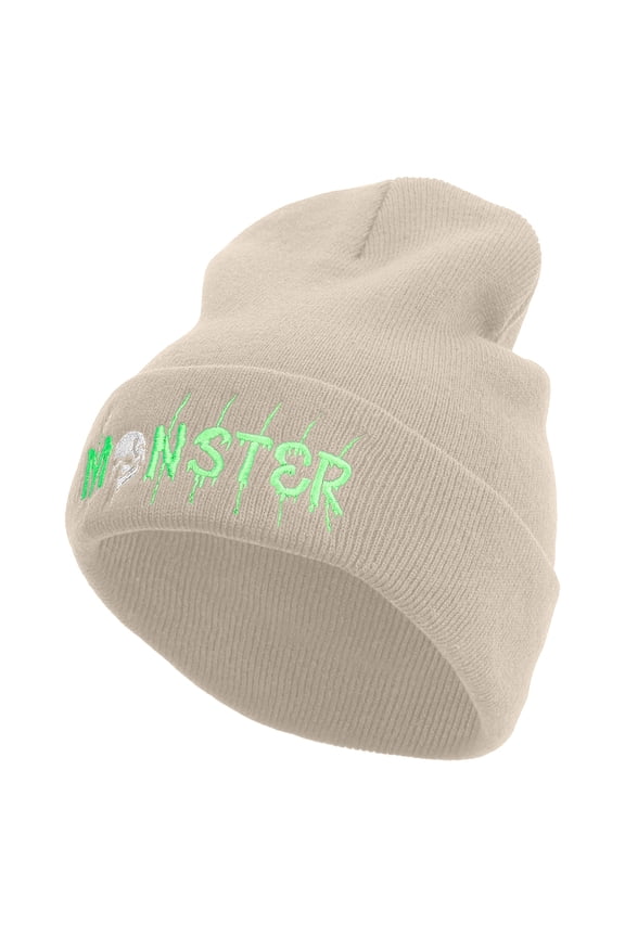 Skull Monster Embroidered 12 Inch Long Knitted Beanie - Birch OSFM