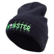 Skull Monster Embroidered 12 Inch Long Knitted Beanie - Black OSFM